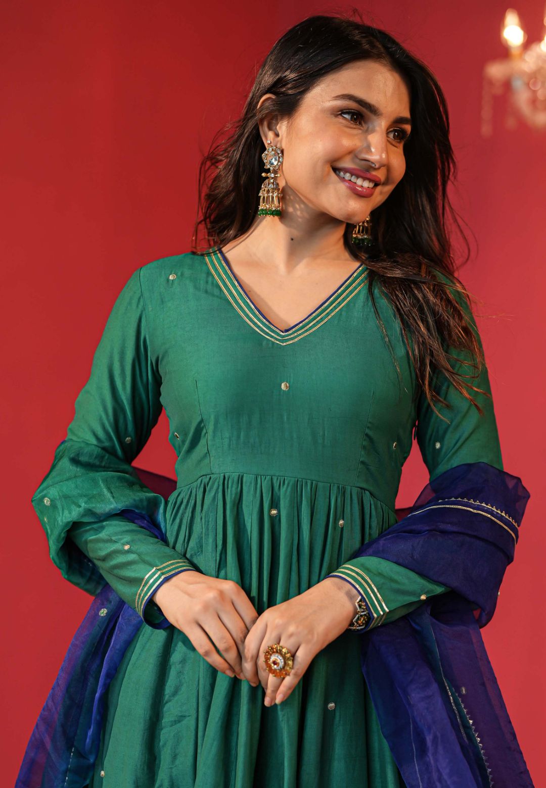 GREEN CHANDERI SUIT WITH ORGANZA DUPATTA