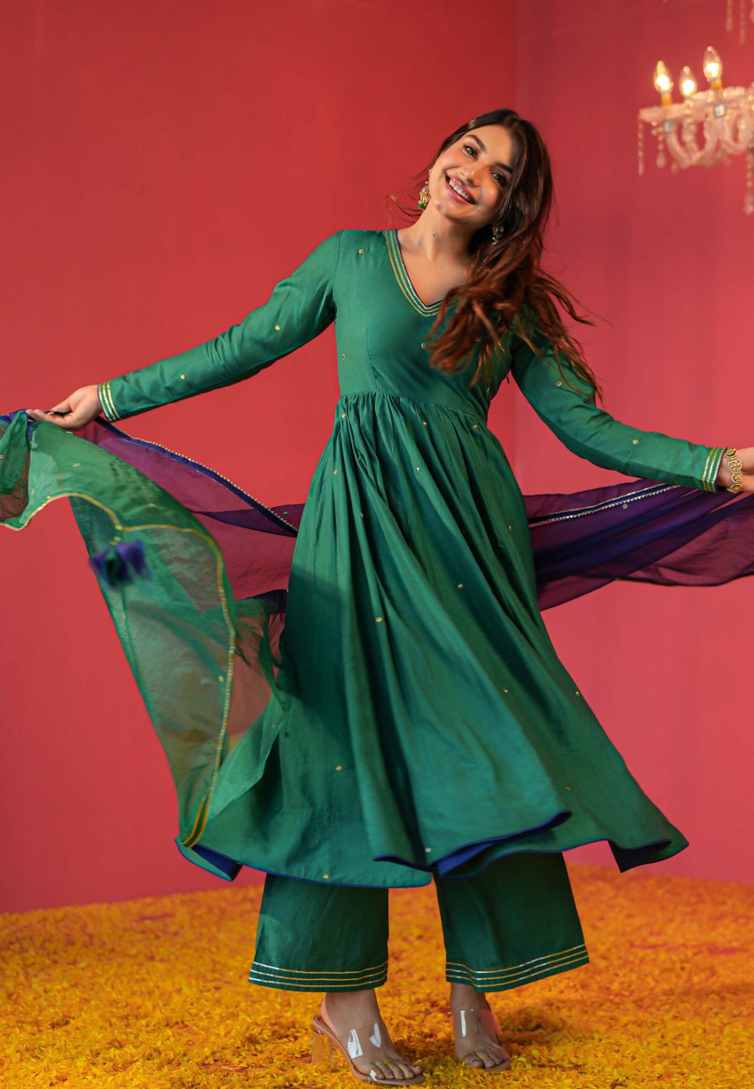 GREEN CHANDERI SUIT WITH ORGANZA DUPATTA