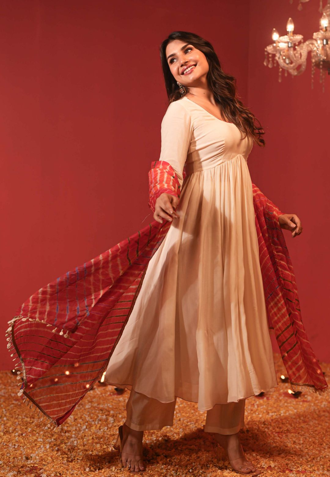 BEIGE MUSLIN ANARKALI WITH LEHERIYA DUPATTA SUIT SET