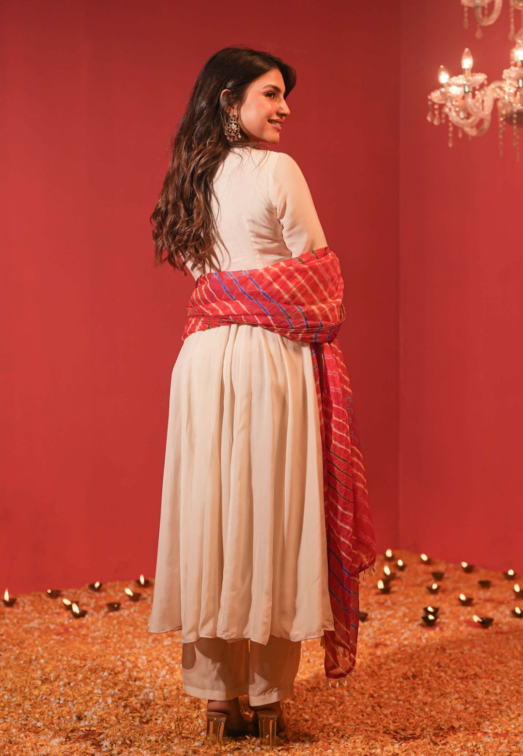 BEIGE MUSLIN ANARKALI WITH LEHERIYA DUPATTA SUIT SET