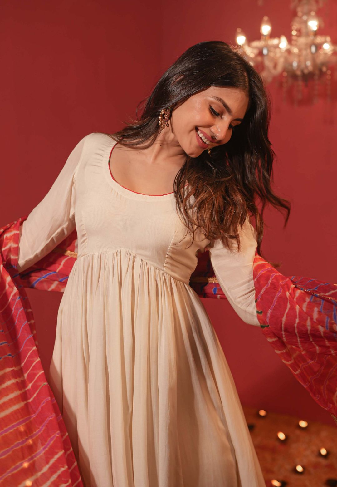 BEIGE MUSLIN ANARKALI WITH LEHERIYA DUPATTA SUIT SET