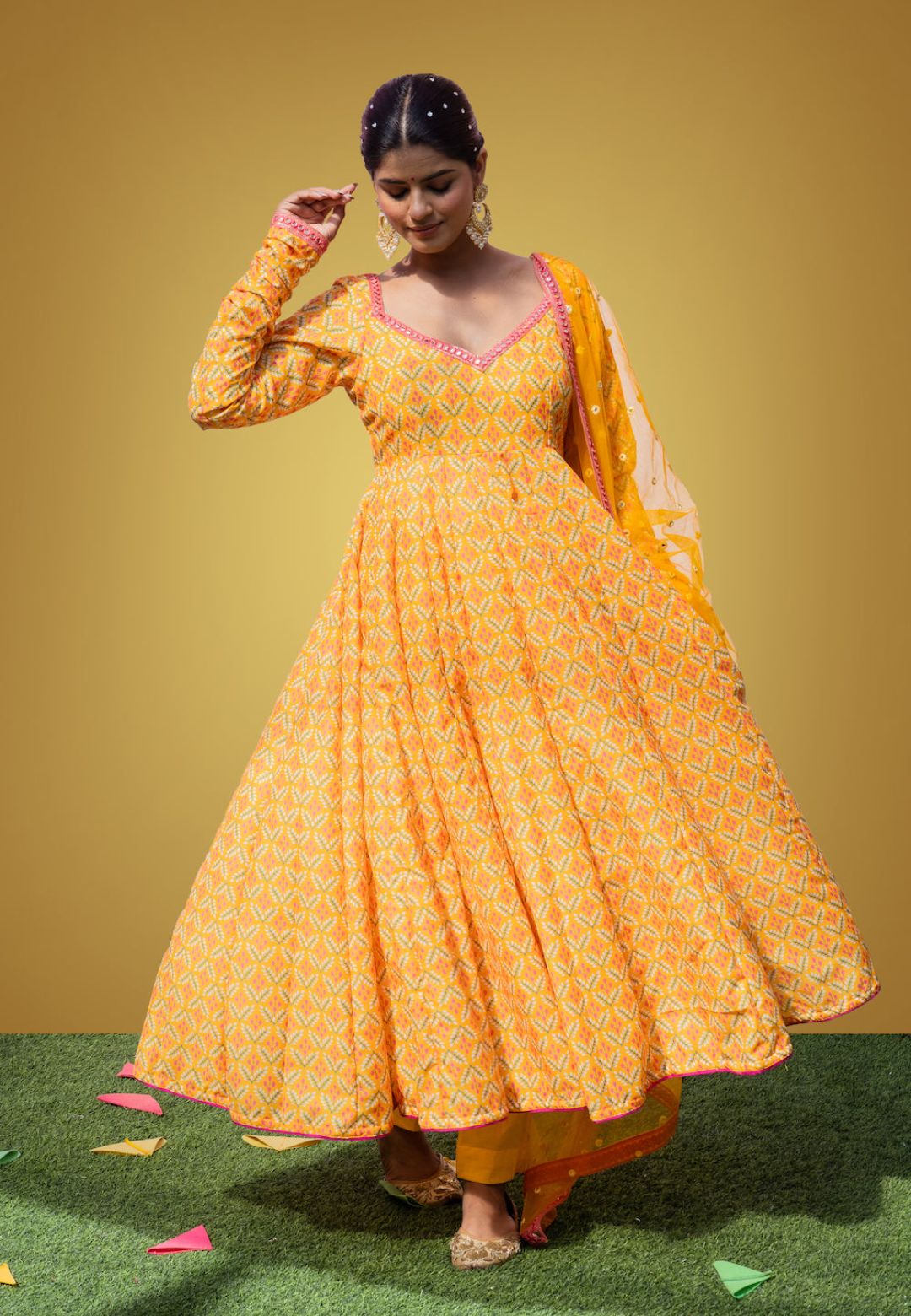 YELLOW MEFIL ANARKALI COTTON SILKSUIT SET