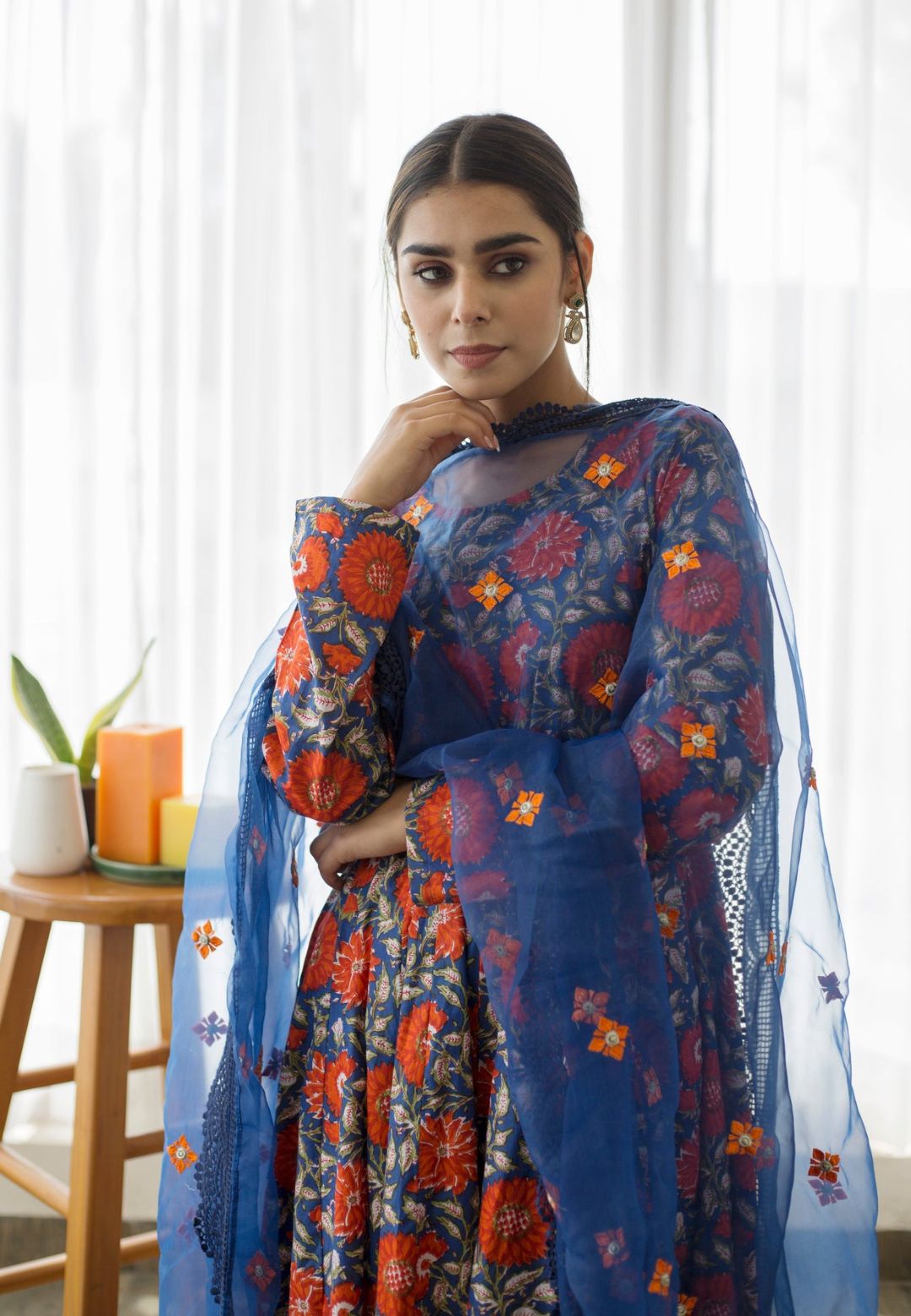 DAHLIA BLUE COTTON ANARKALI SUIT SET