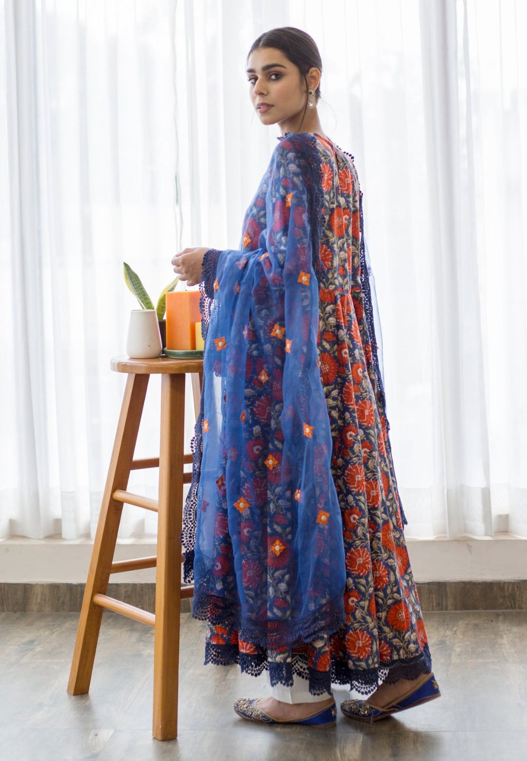 DAHLIA BLUE COTTON ANARKALI SUIT SET