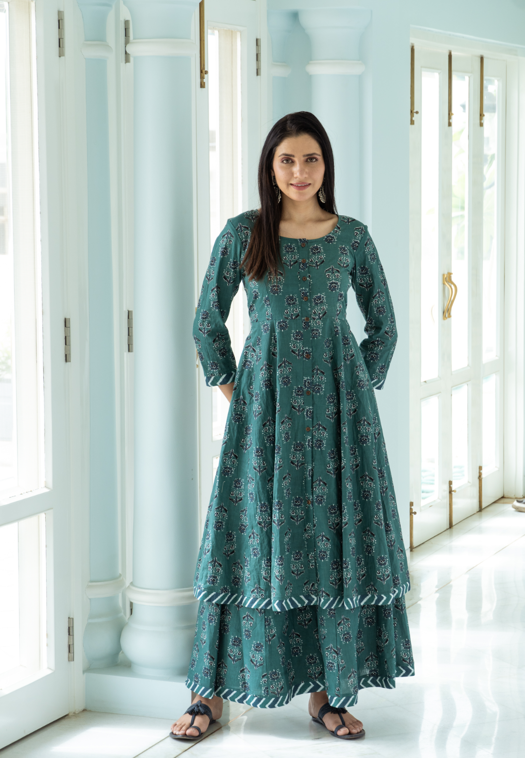 GREEN BLUE COTTON KALIDAR KURTA SET