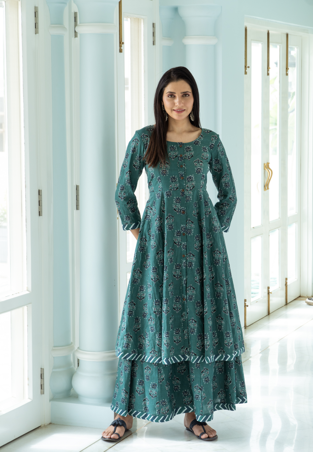 GREEN BLUE COTTON KALIDAR KURTA SET