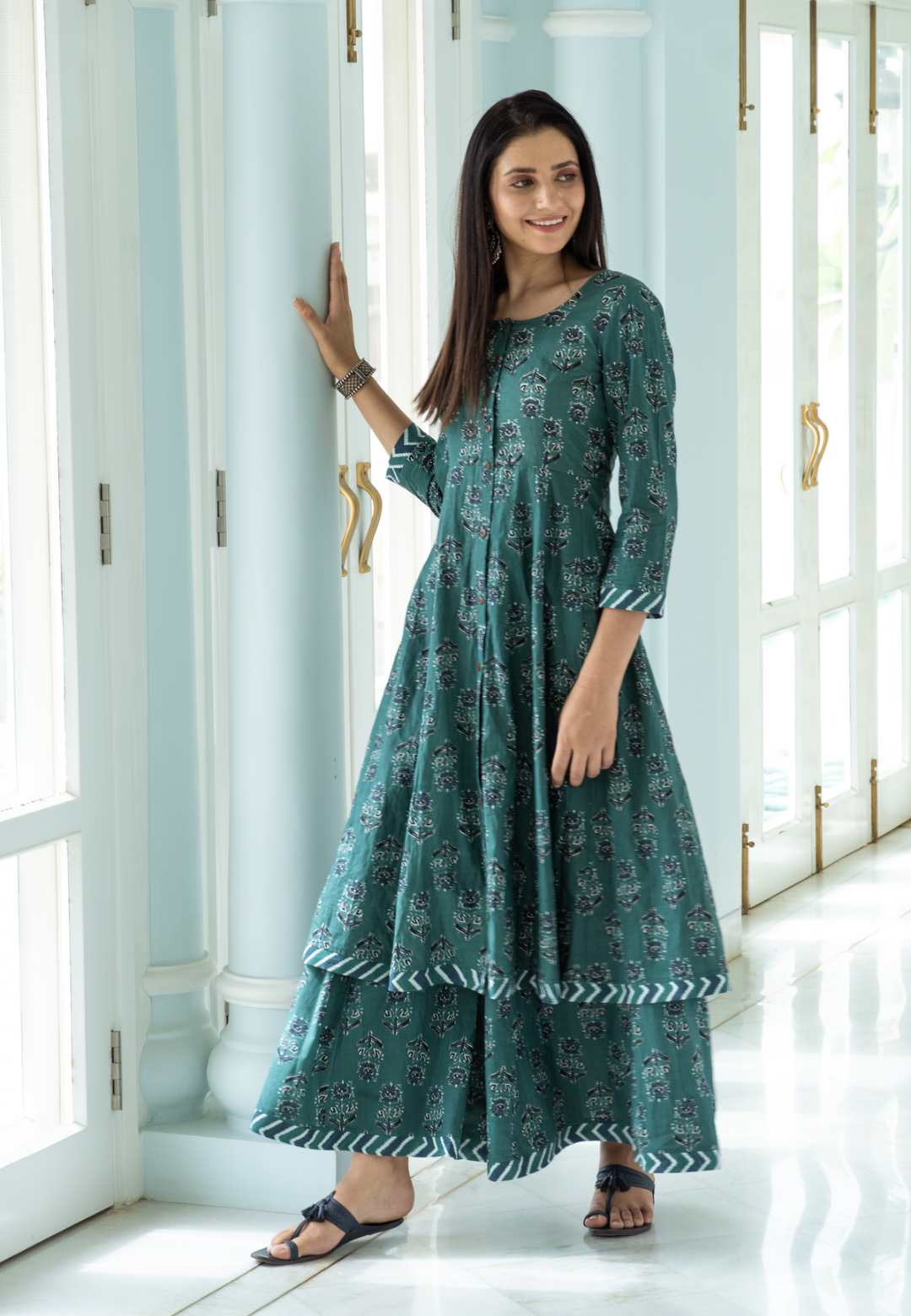 GREEN BLUE COTTON KALIDAR KURTA SET