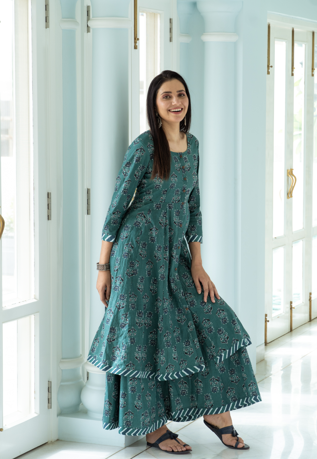 GREEN BLUE COTTON KALIDAR KURTA SET