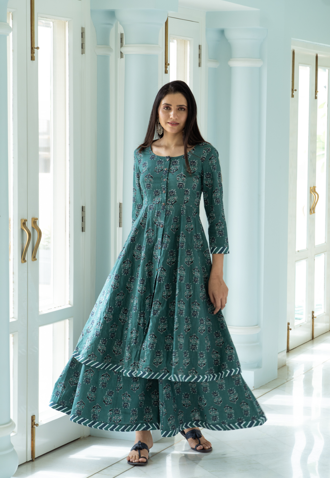 GREEN BLUE COTTON KALIDAR KURTA SET