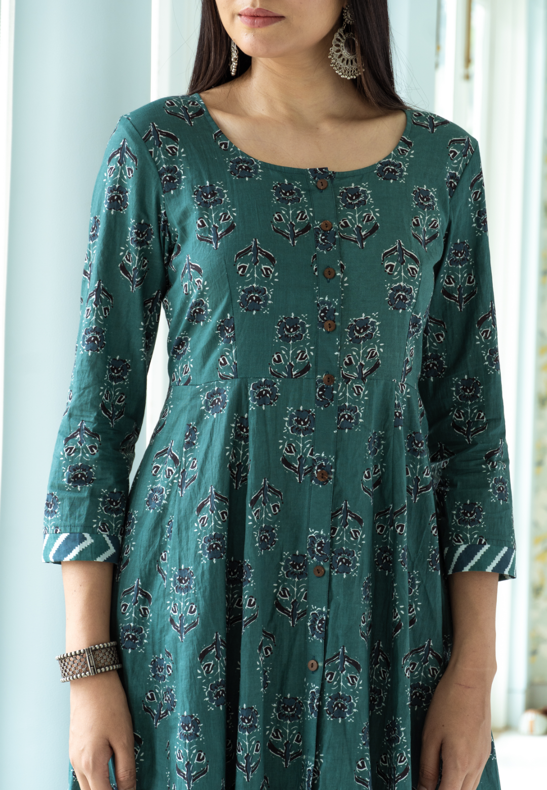 GREEN BLUE COTTON KALIDAR KURTA SET