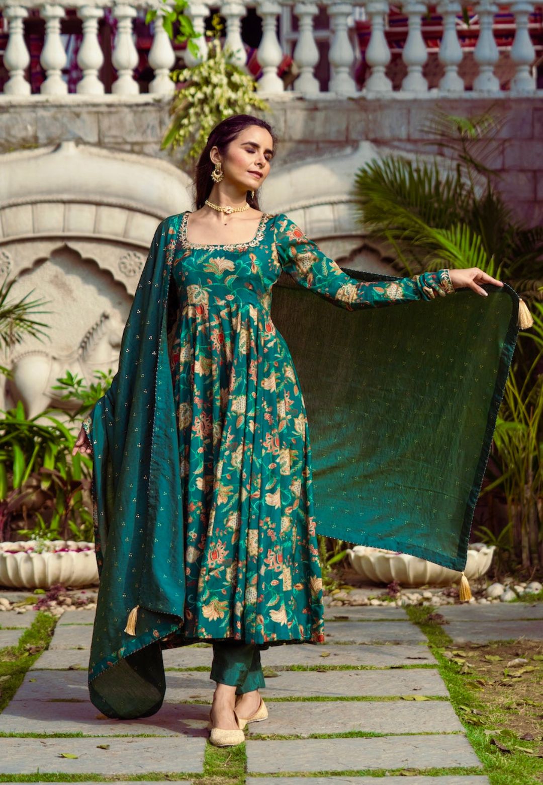 GREEN COTTON SILK FLORAL ANARKALI SUIT SET