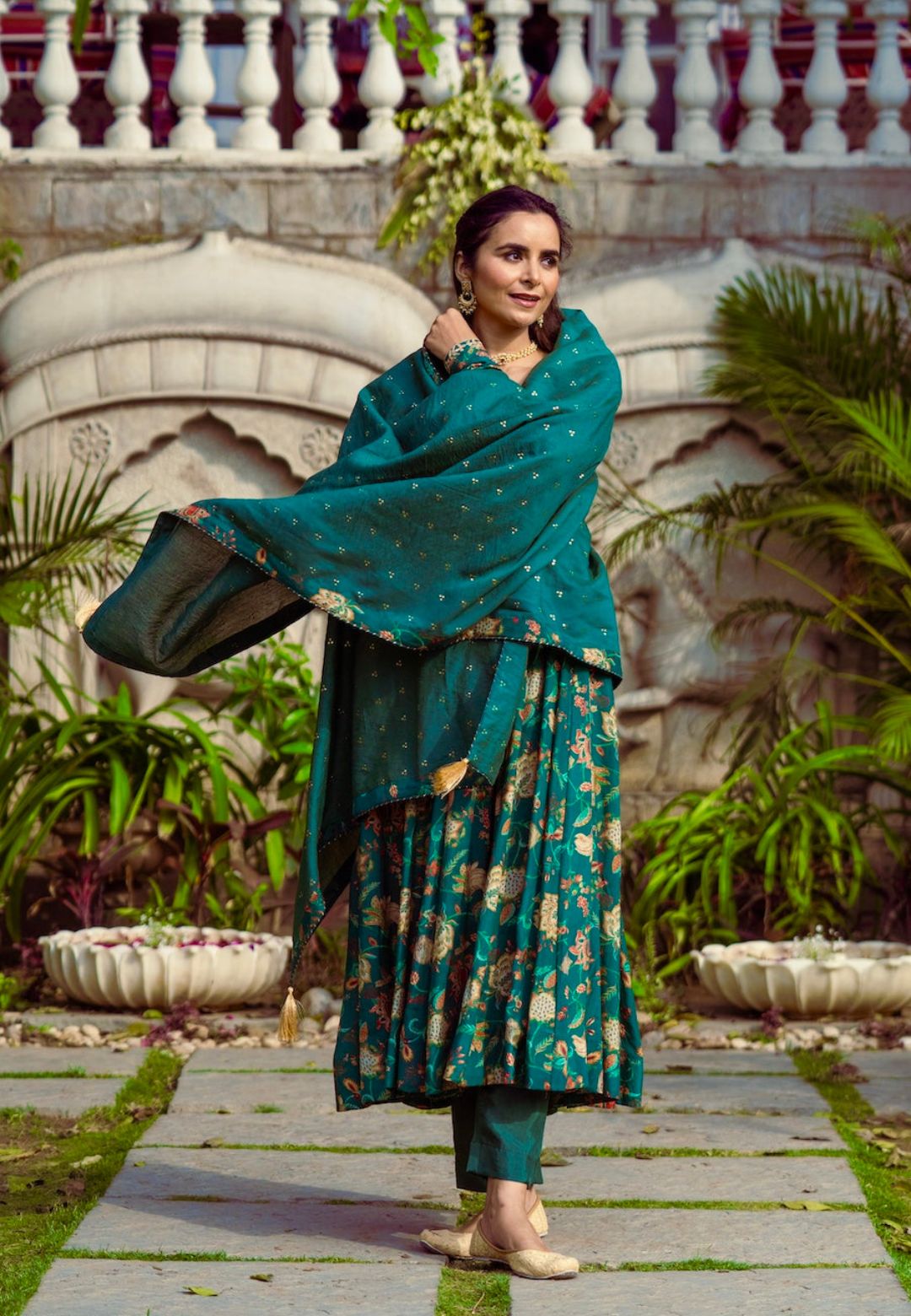 GREEN COTTON SILK FLORAL ANARKALI SUIT SET