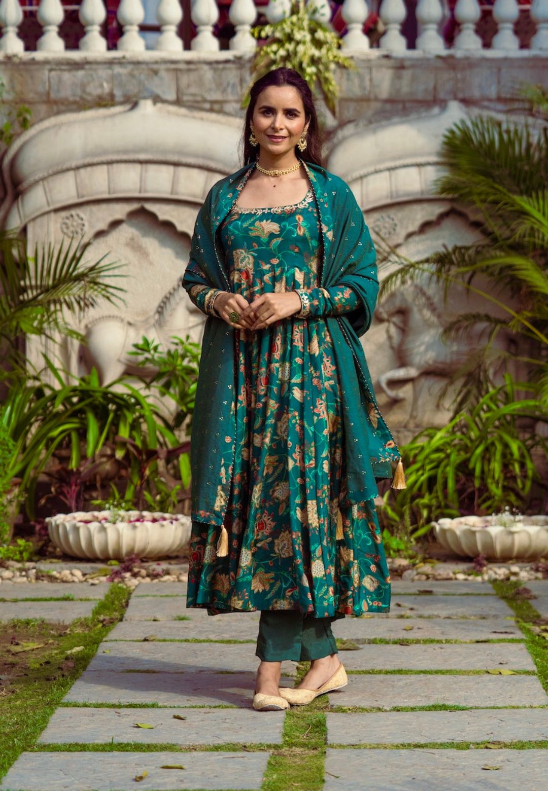 GREEN COTTON SILK FLORAL ANARKALI SUIT SET
