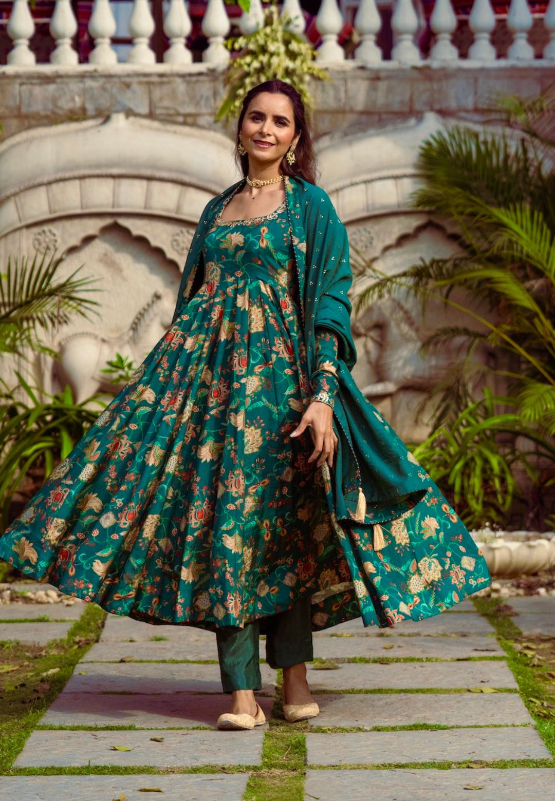 GREEN COTTON SILK FLORAL ANARKALI SUIT SET
