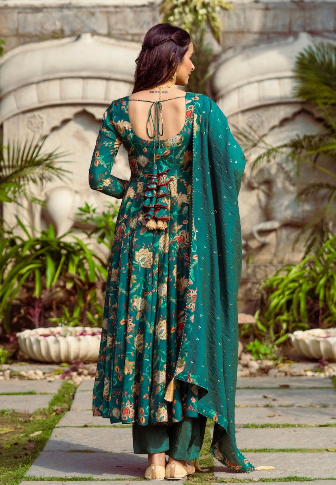 GREEN COTTON SILK FLORAL ANARKALI SUIT SET