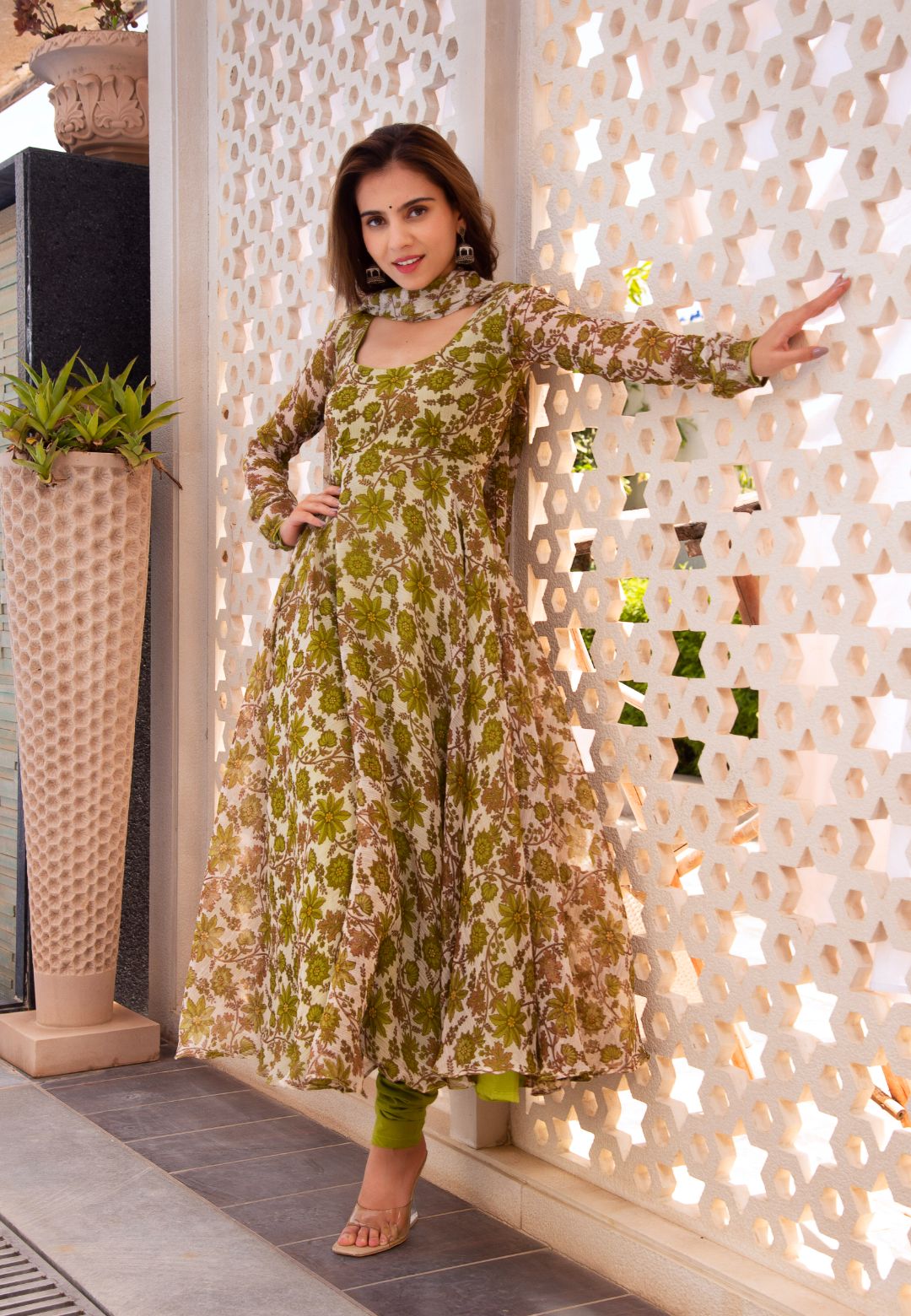 GREEN FLORAL CHIFFON ANARKALI SUIT SET