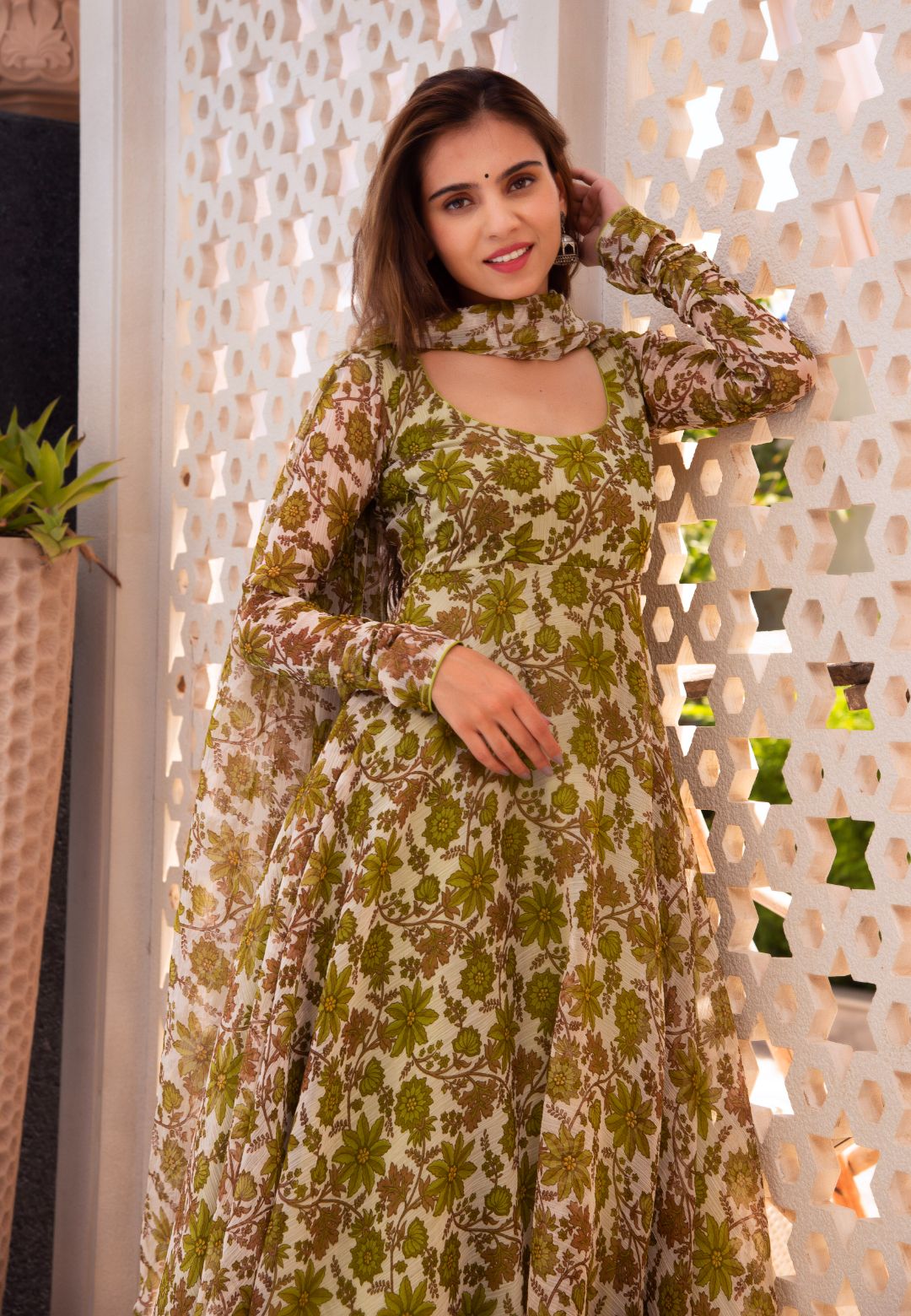 GREEN FLORAL CHIFFON ANARKALI SUIT SET