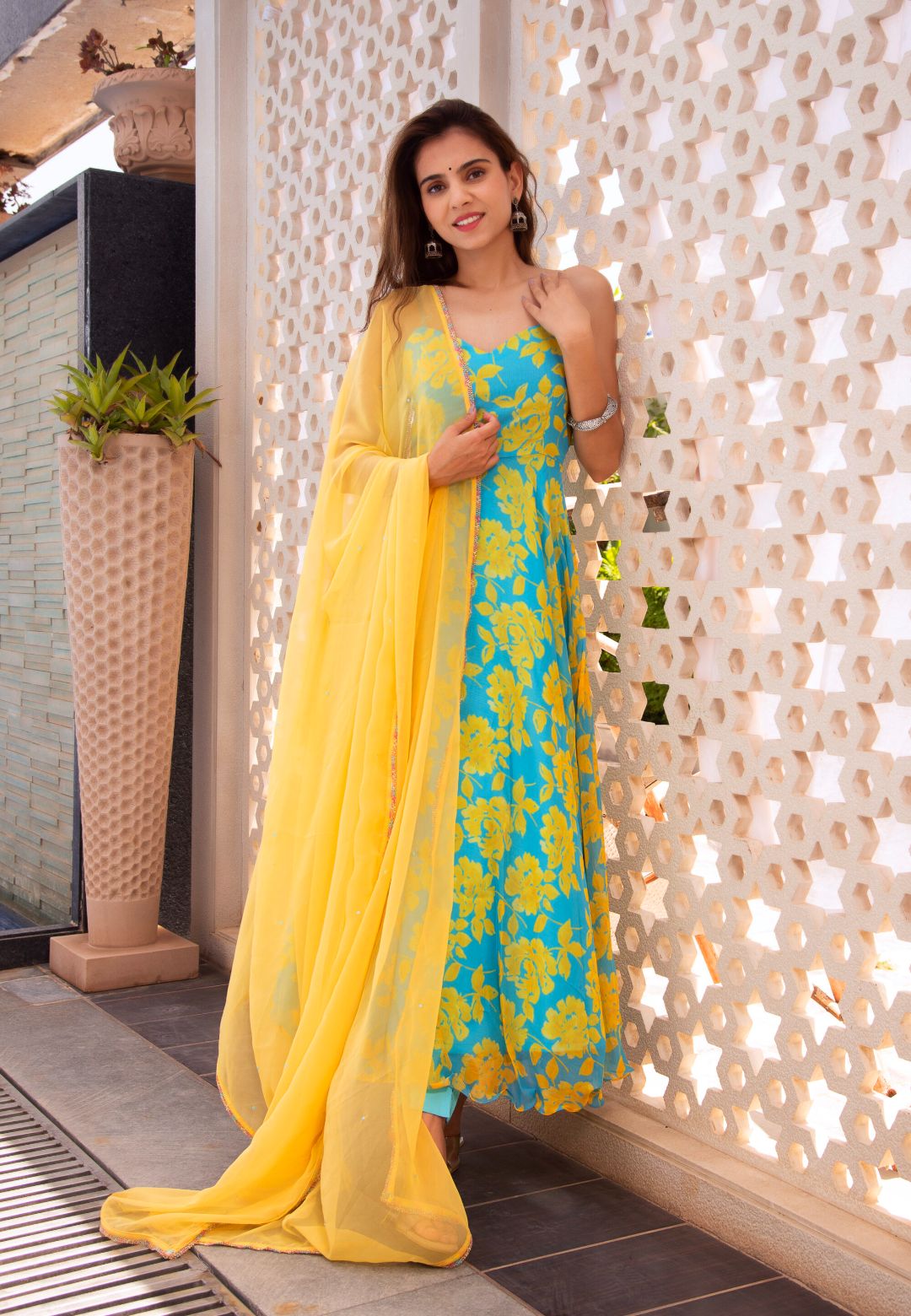 BLUE FLORAL CHIFFON ANARKALI SUIT SET