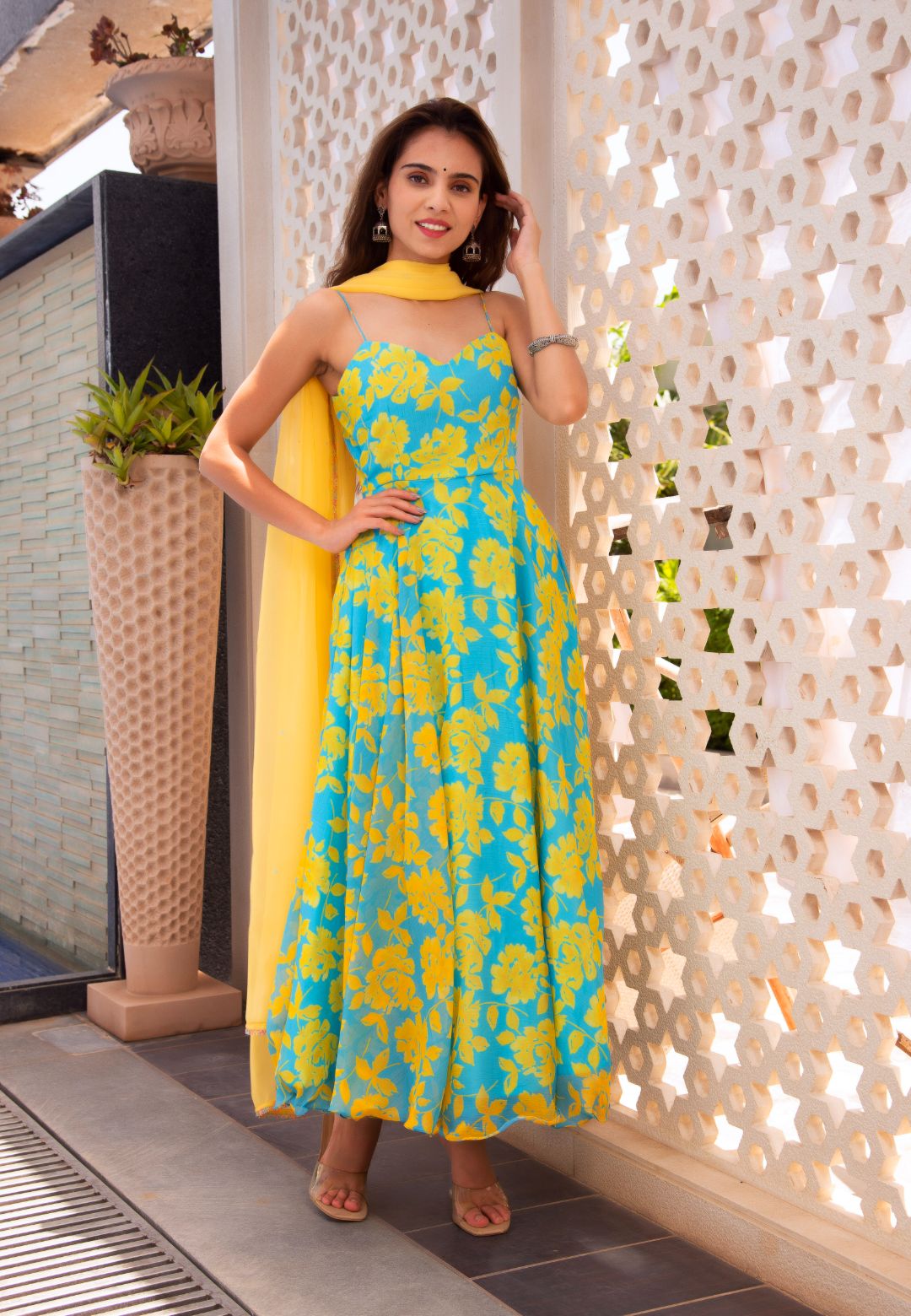 BLUE FLORAL CHIFFON ANARKALI SUIT SET