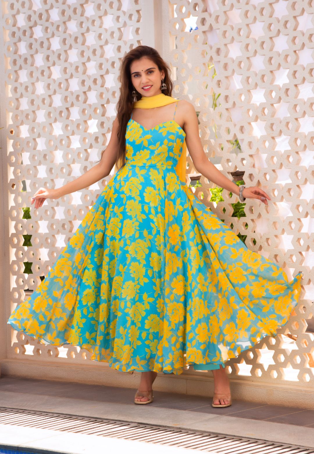 BLUE FLORAL CHIFFON ANARKALI SUIT SET