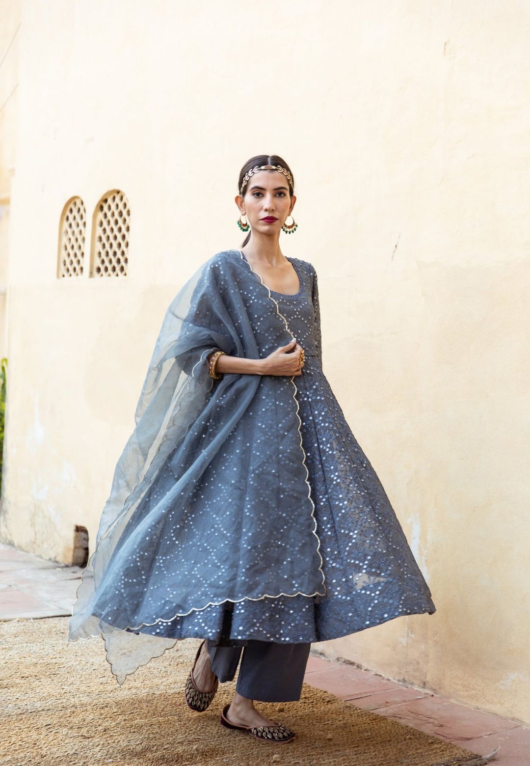 DAMINI GREY GEORGETTE MIRROR ANARKALI SET