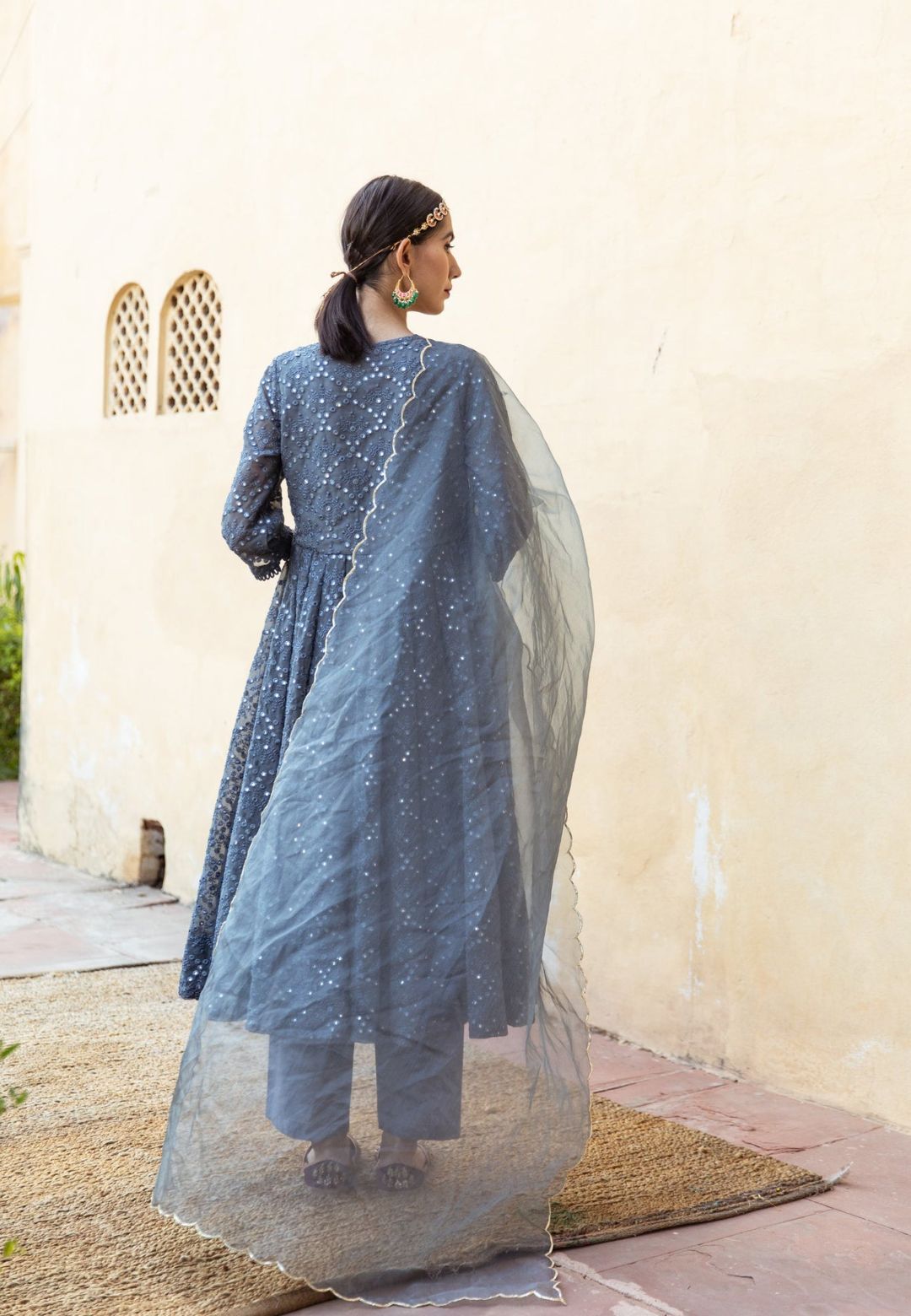 DAMINI GREY GEORGETTE MIRROR ANARKALI SET