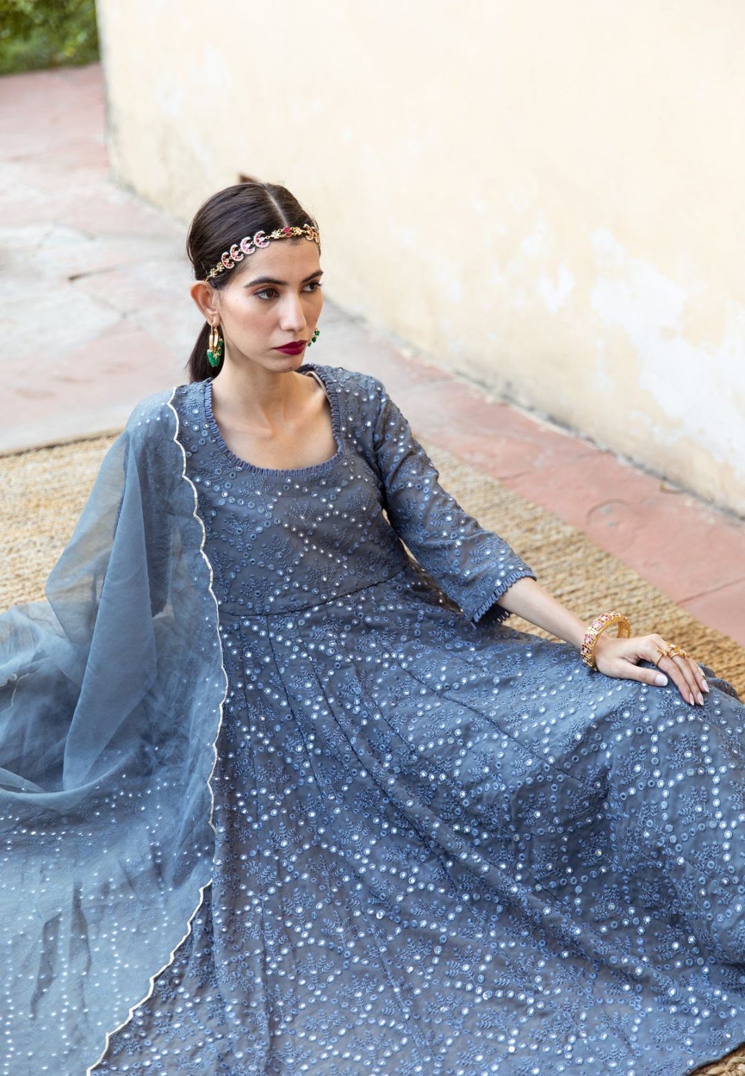 DAMINI GREY GEORGETTE MIRROR ANARKALI SET