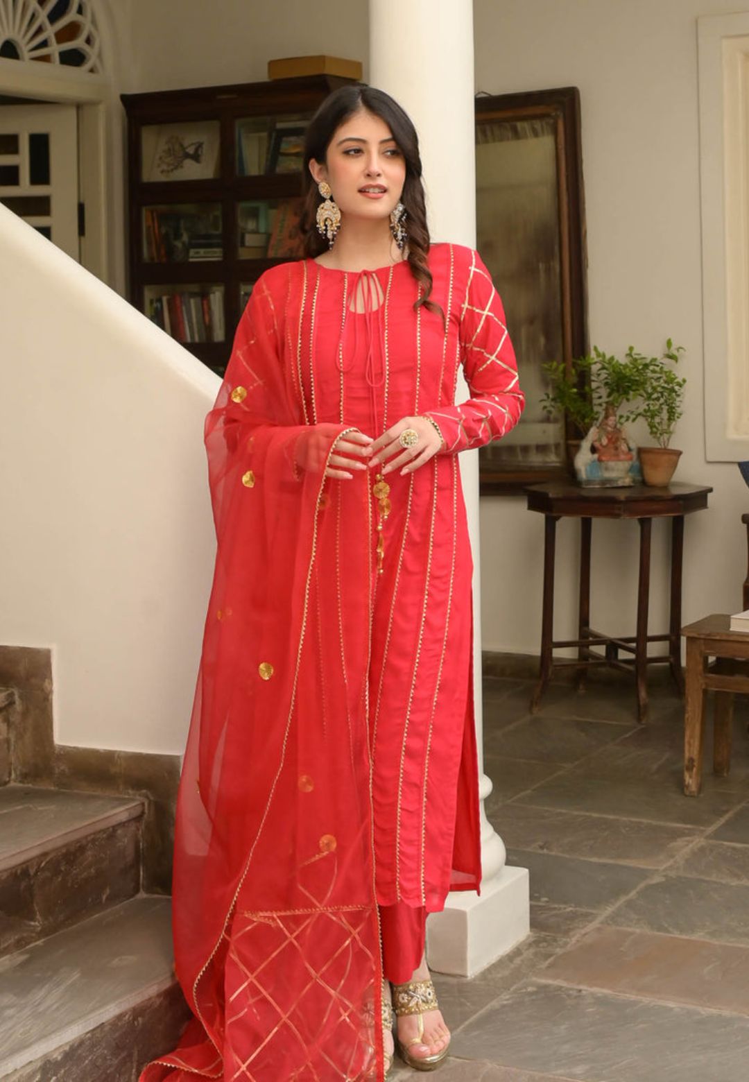 SHUBH RED COTTON SILK SUIT SET