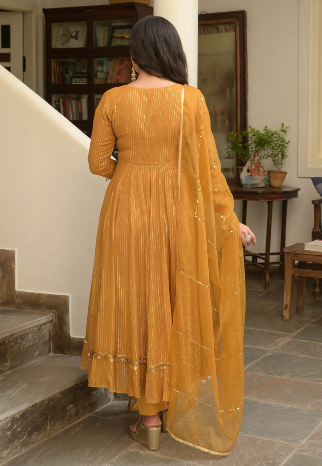 MUSTARD BROWN LUREX ANARKALI SUIT SET