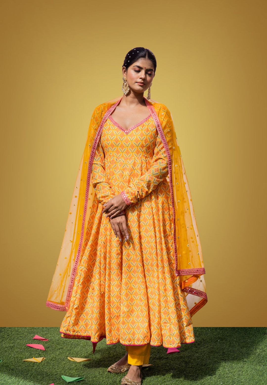 YELLOW MEFIL ANARKALI COTTON SILKSUIT SET