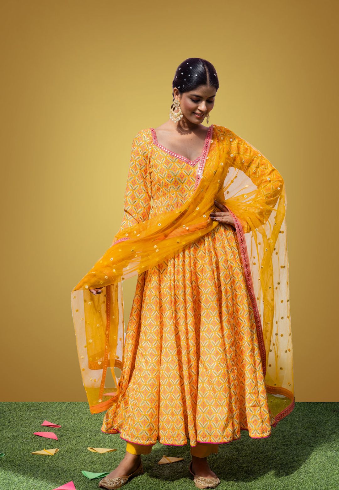 YELLOW MEFIL ANARKALI COTTON SILKSUIT SET