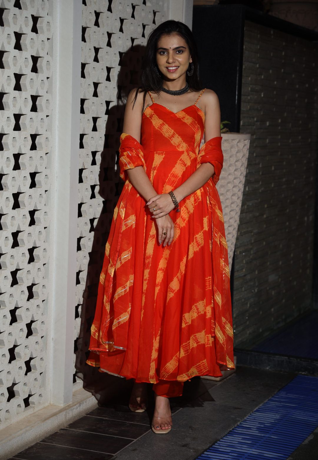 TANGERINE ORANGE LEHERIYA CHIFFON ANARKALI SUIT SET