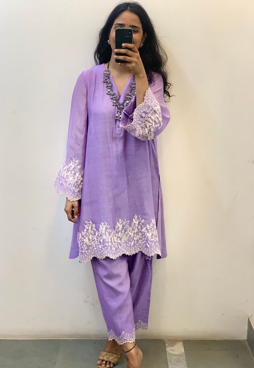 CHANDERI LILAC PURPLE EMBROIDERED KURTA SET
