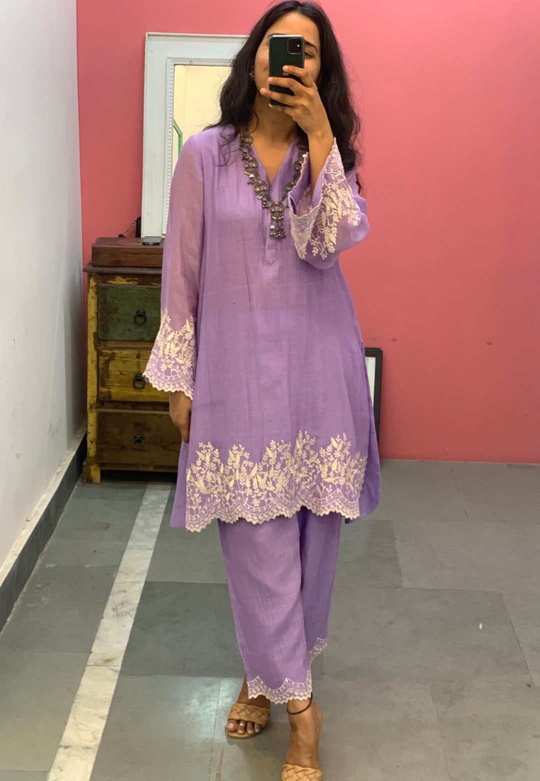 CHANDERI LILAC PURPLE EMBROIDERED KURTA SET