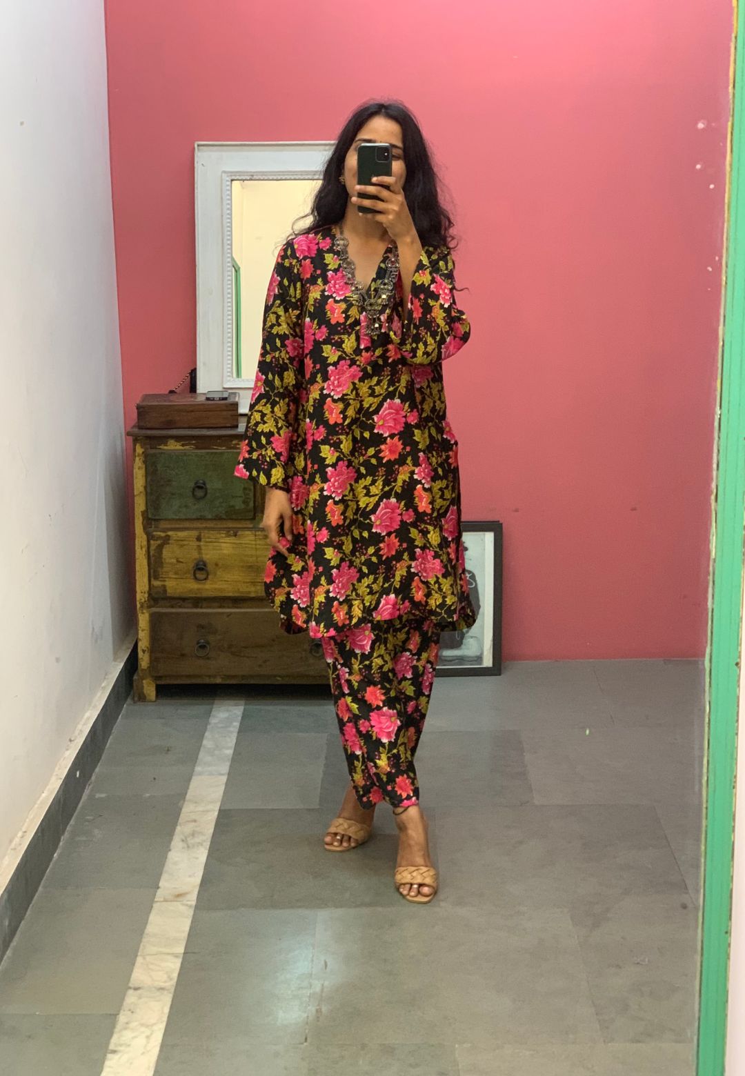 BLACK PRINTED FLORAL COTTON KURTA SET