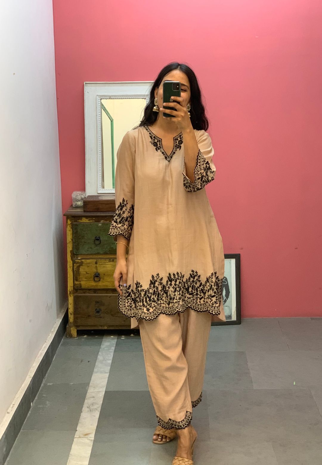 CHANDERI BEIGE BLACK EMBROIDERED KURTA SET