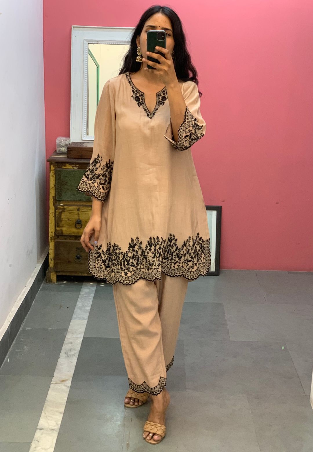 CHANDERI BEIGE BLACK EMBROIDERED KURTA SET