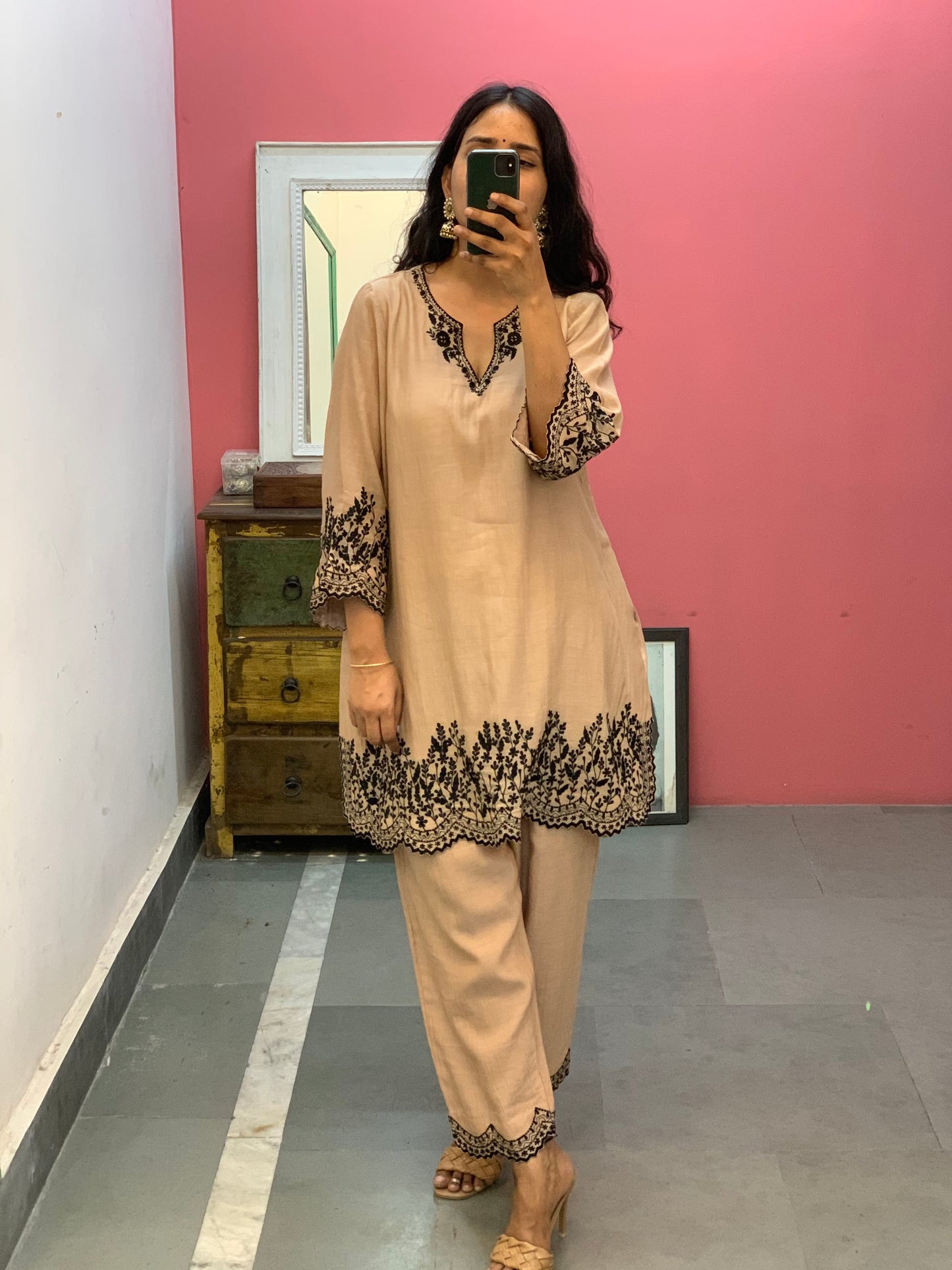 CHANDERI BEIGE BLACK EMBROIDERED KURTA SET