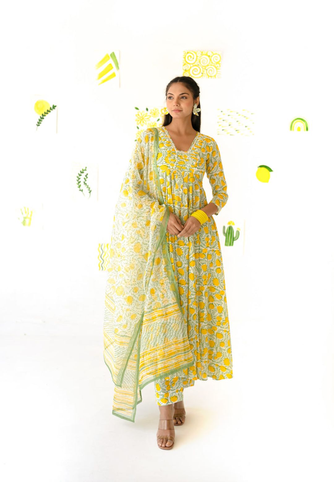 LEMON YELLOW COTTON ANARKALI SUIT SET