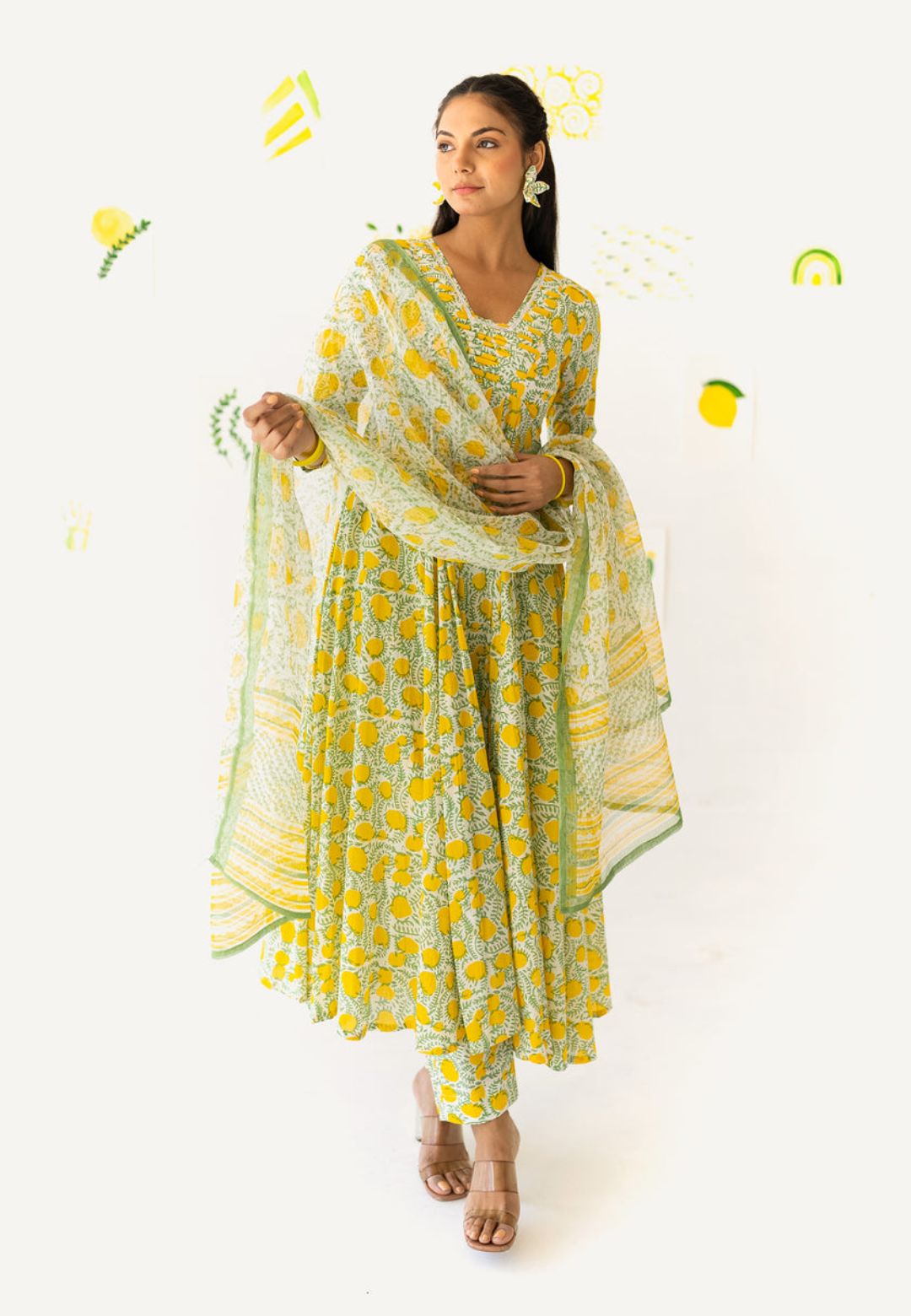 LEMON YELLOW COTTON ANARKALI SUIT SET