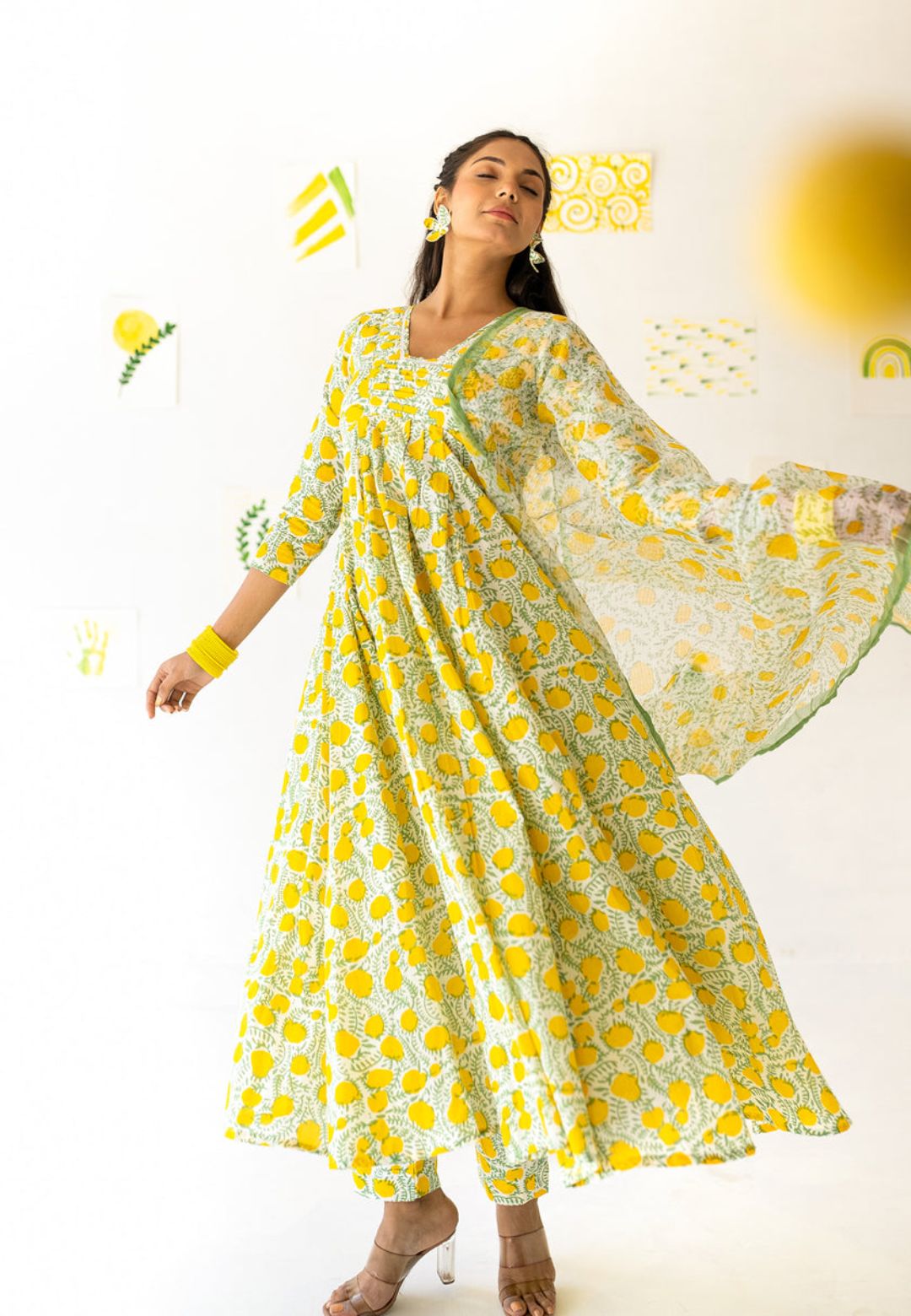 LEMON YELLOW COTTON ANARKALI SUIT SET