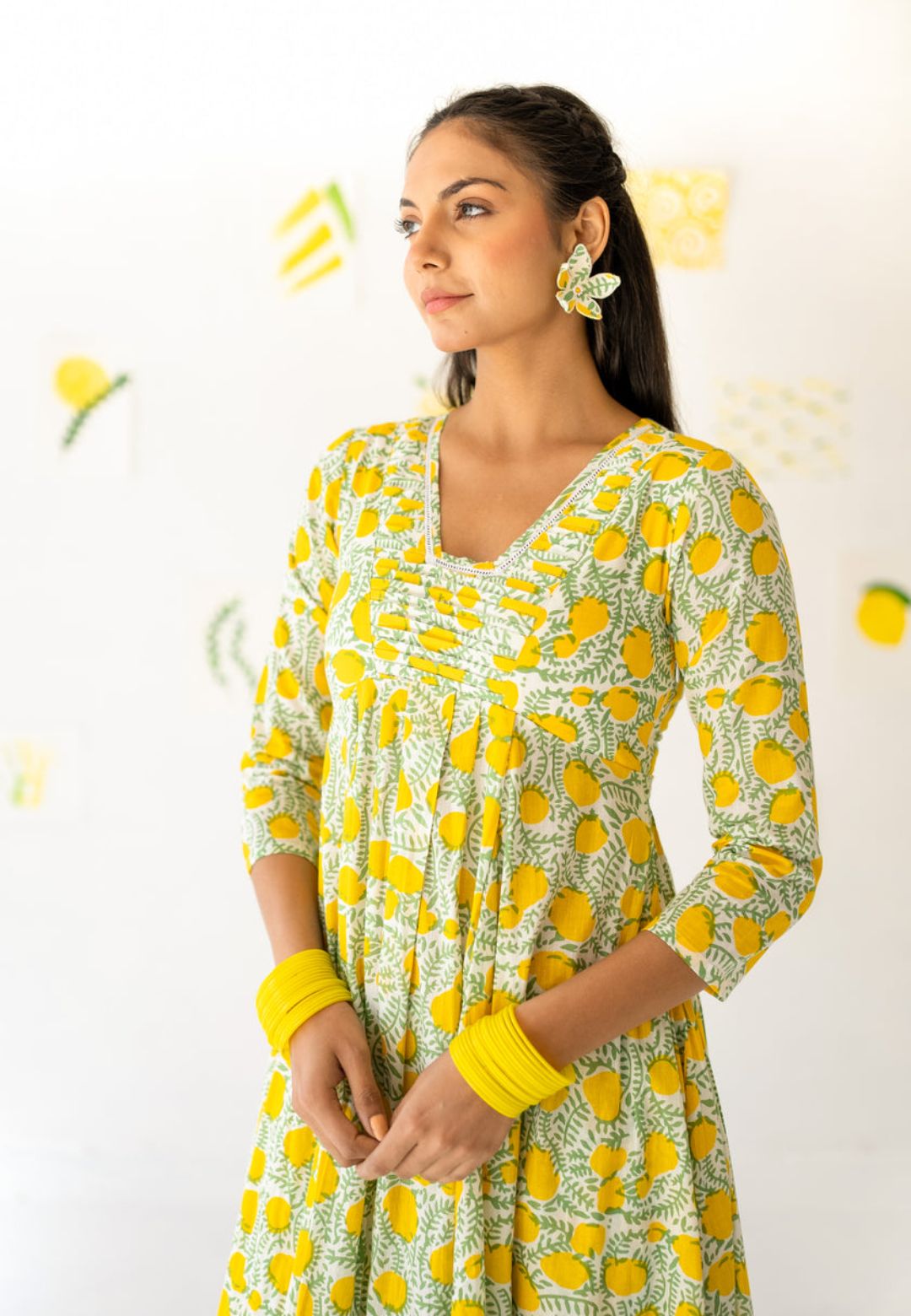 LEMON YELLOW COTTON ANARKALI SUIT SET