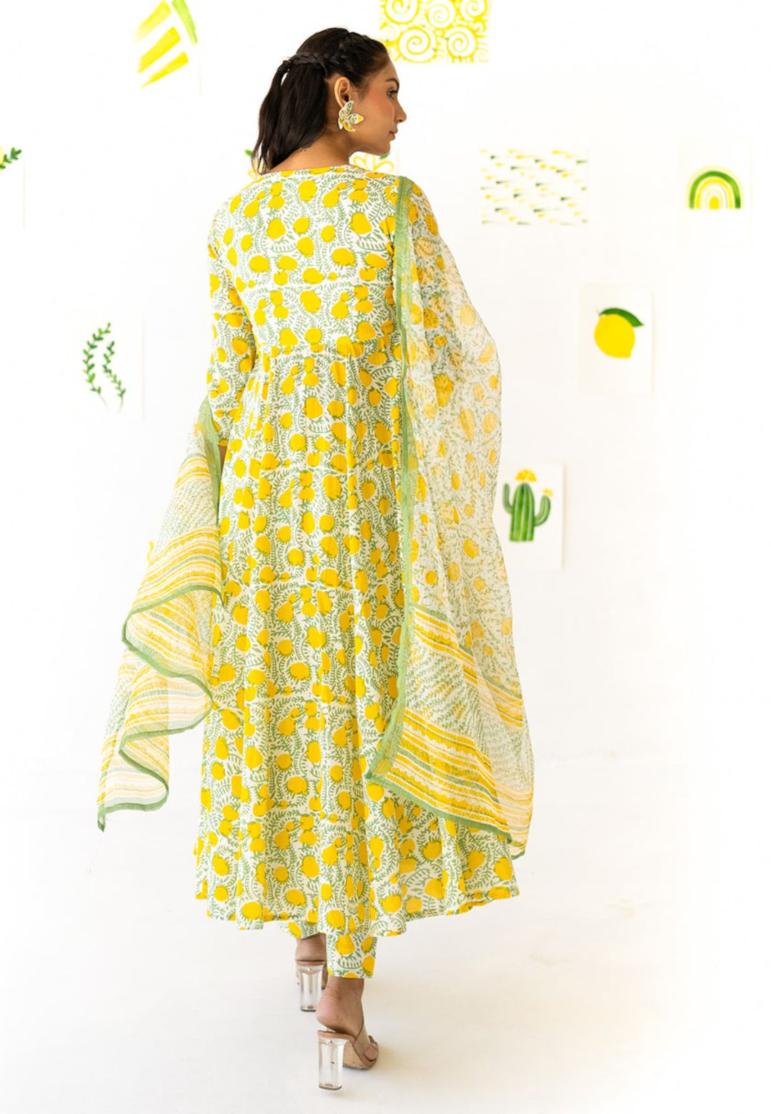 LEMON YELLOW COTTON ANARKALI SUIT SET