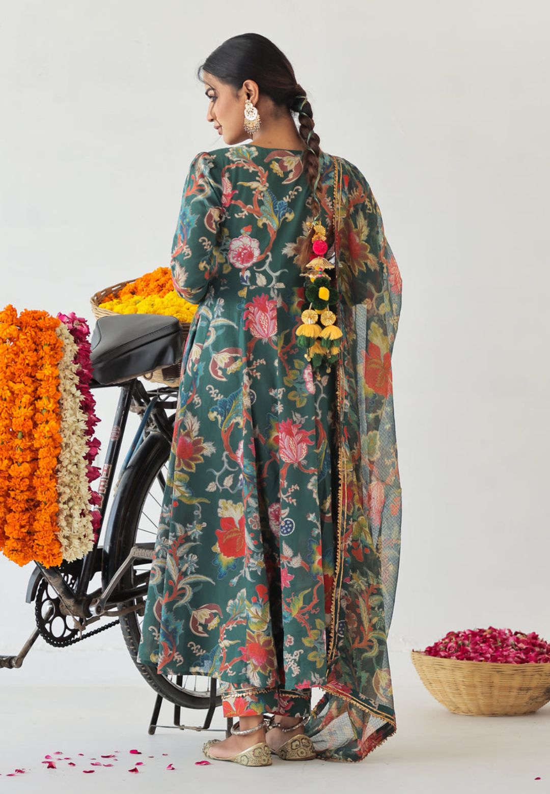 GREEN GOTA MULMUL FLORAL ANARKALI SUIT SET