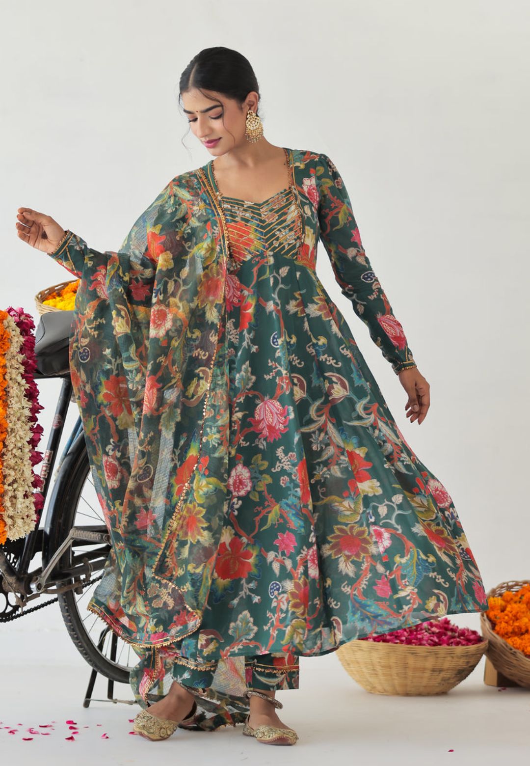 GREEN GOTA MULMUL FLORAL ANARKALI SUIT SET
