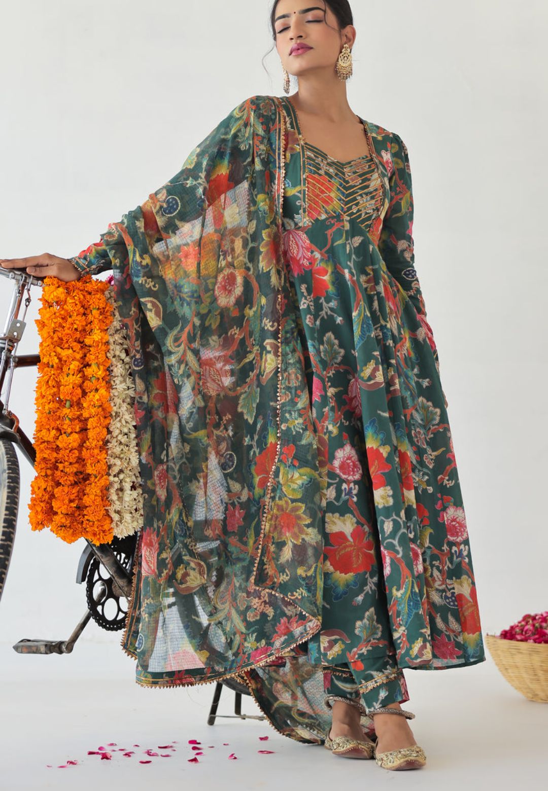 GREEN GOTA MULMUL FLORAL ANARKALI SUIT SET