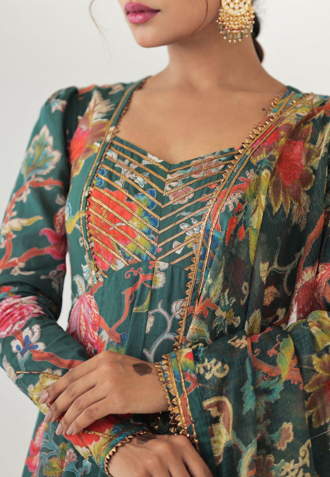 GREEN GOTA MULMUL FLORAL ANARKALI SUIT SET