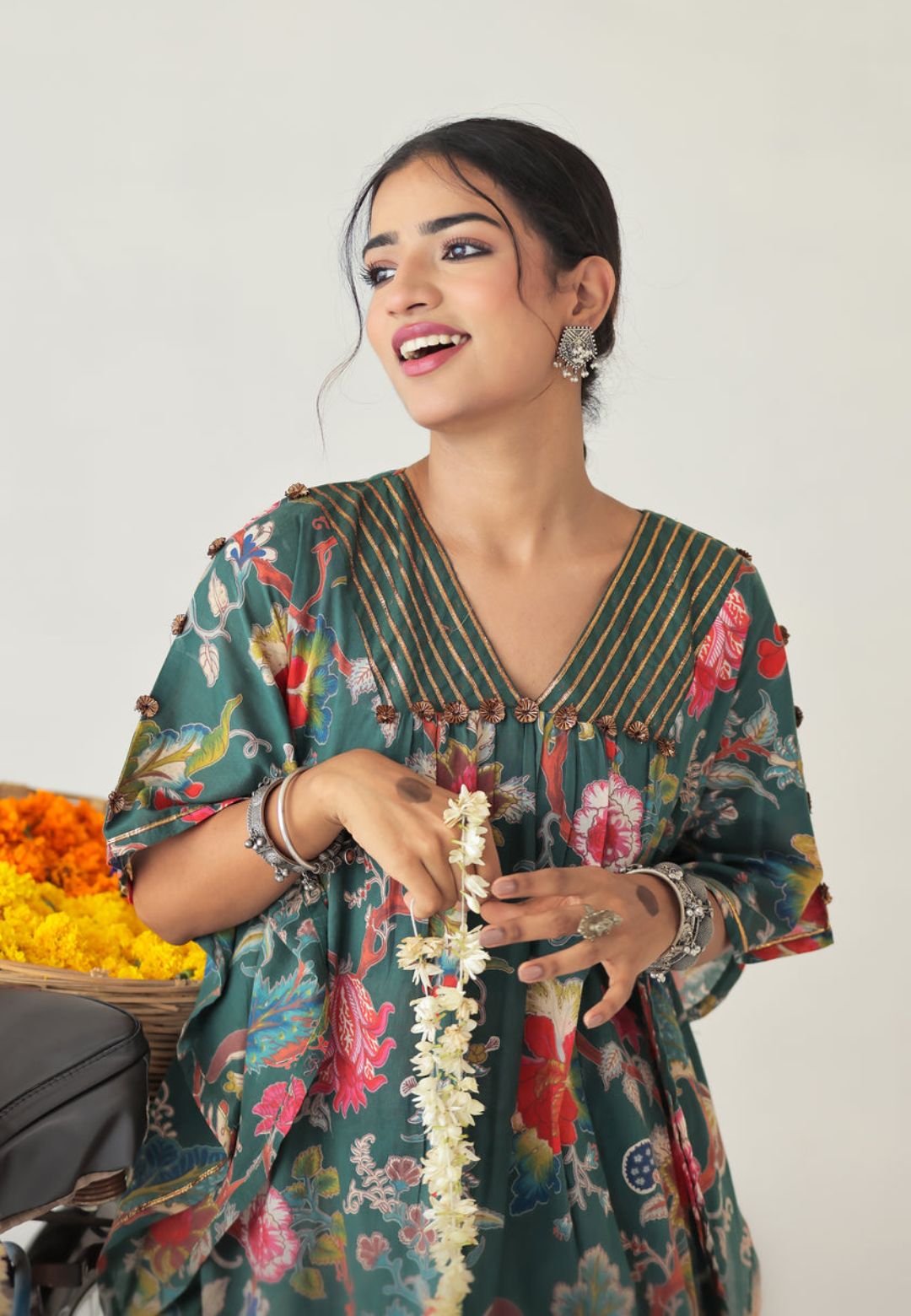 GREEN V NECK KAFTAN KURTA SET