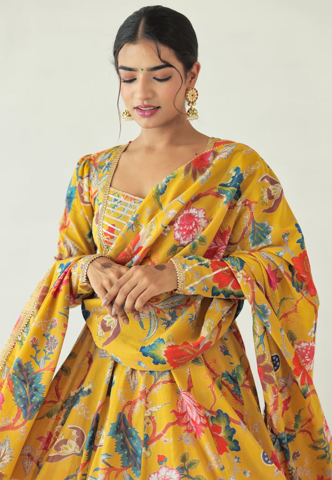 YELLOW GOTA MULMUL FLORAL ANARKALI SUIT SET