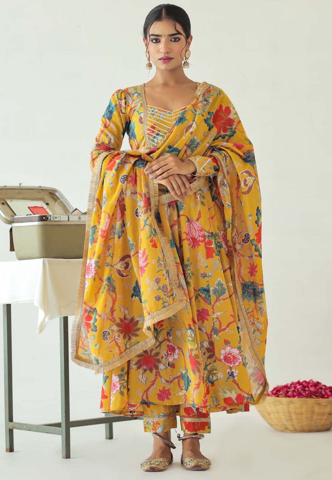 YELLOW GOTA MULMUL FLORAL ANARKALI SUIT SET